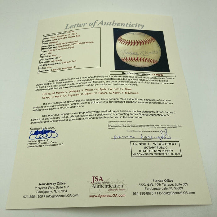 Mickey Mantle Joe DiMaggio 1970's Yankees Old Timers Day Signed Baseball JSA COA