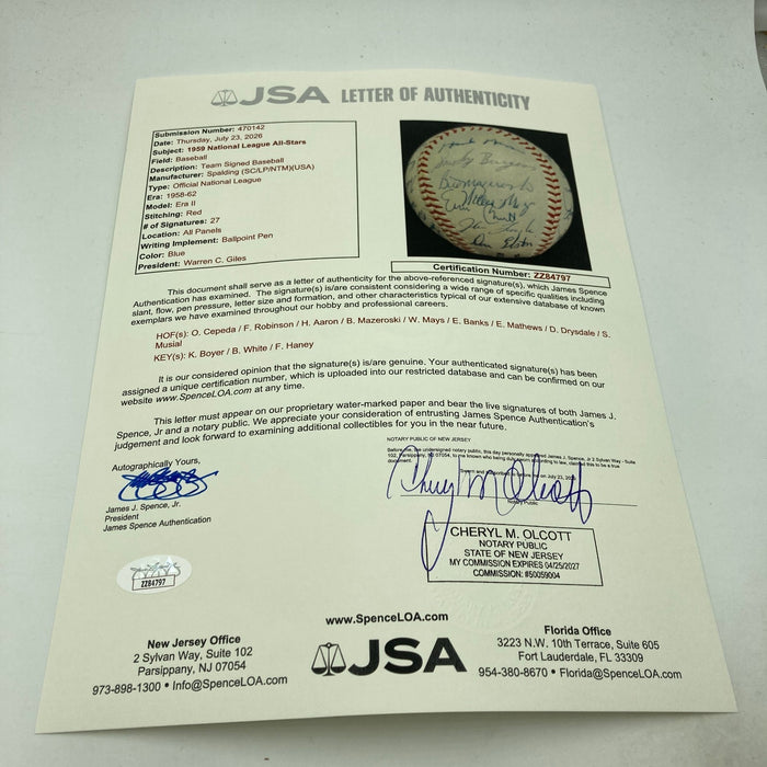 Stunning 1959 All Star Game Team Signed Baseball Hank Aaron Willie Mays JSA COA