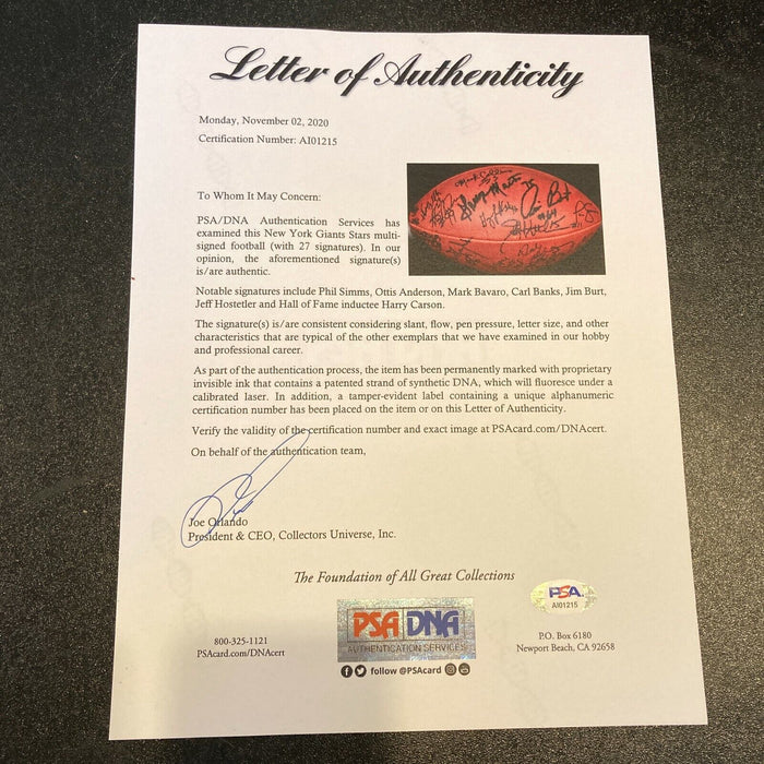 1986 New York Giants Super Bowl Champs Team Signed Wilson NFL Football PSA DNA