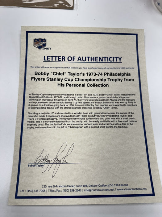 1973-74 Philadelphia Flyers Stanley Cup Trophy Presented To Bobby "Chief" Taylor
