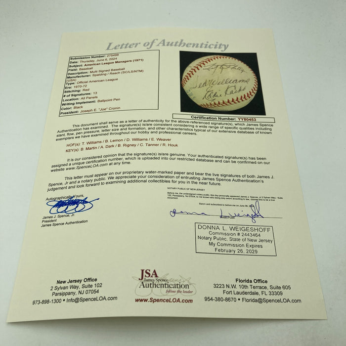 1971 MLB Managers Signed Baseball 13 Sigs Ted Williams Billy Martin JSA COA
