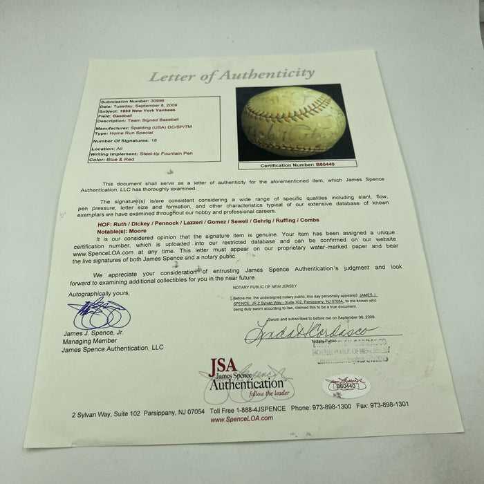 Babe Ruth & Lou Gehrig 1933 New York Yankees Team Signed Baseball JSA COA
