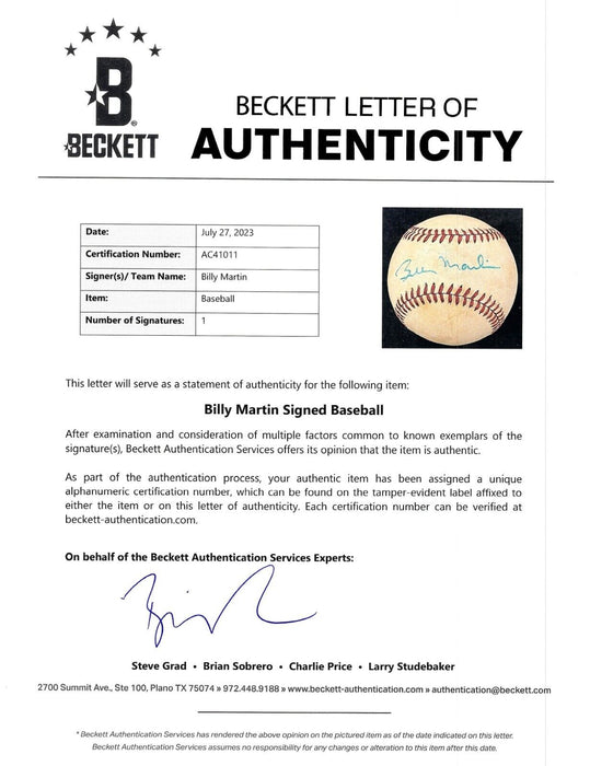 Billy Martin Single Signed Official American League Baseball Beckett COA
