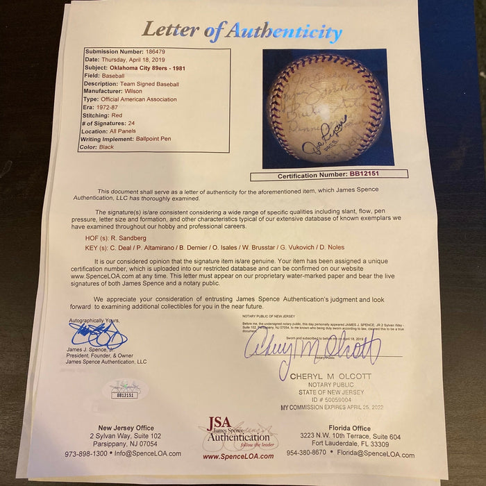 Ryne Sandberg Pre Rookie 1981 Oklahoma City 89ers Team Signed Baseball JSA COA