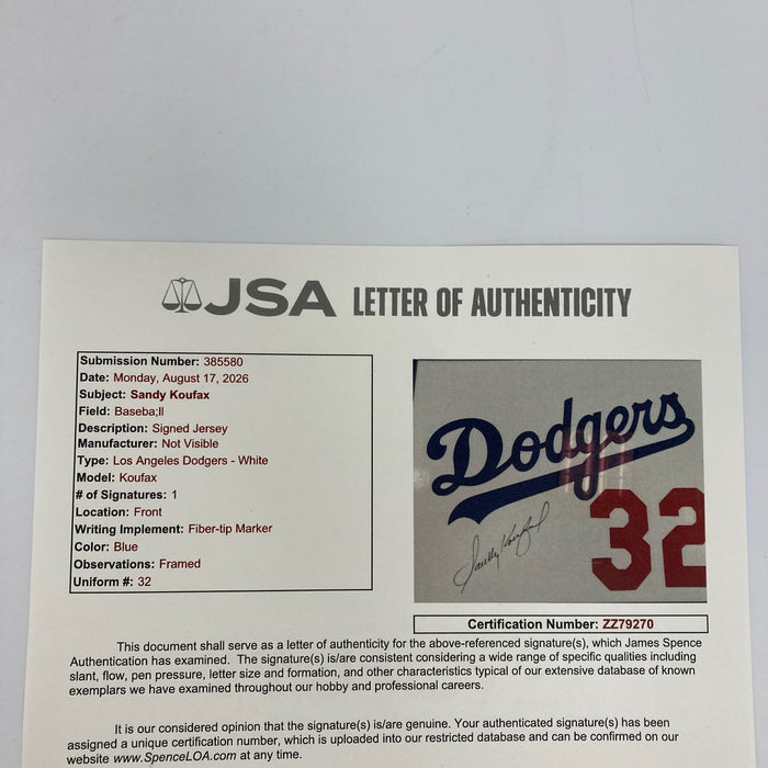 Sandy Koufax Signed Los Angeles Dodgers Jersey Patch Framed Display JSA COA