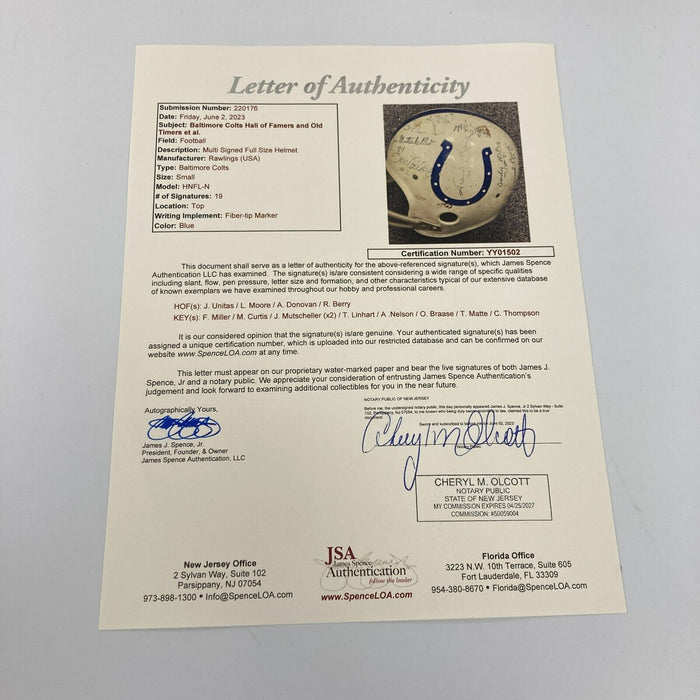 Johnny Unitas Baltimore Colts HOF Legends Multi Signed Vintage 1960's Helmet JSA