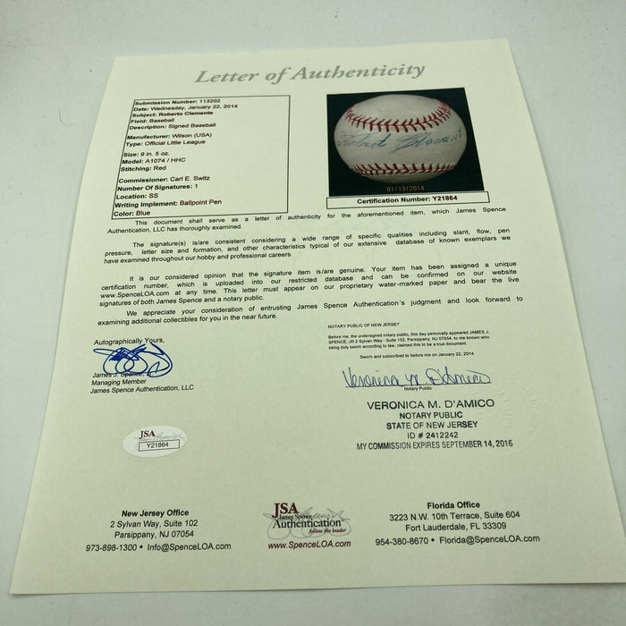 Magnificent Roberto Clemente Single Signed Baseball PSA DNA & JSA COA