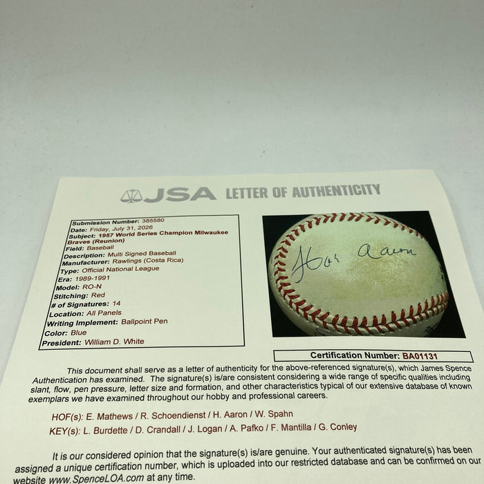 1957 Milwaukee Braves World Series Champs Team Signed Baseball JSA COA