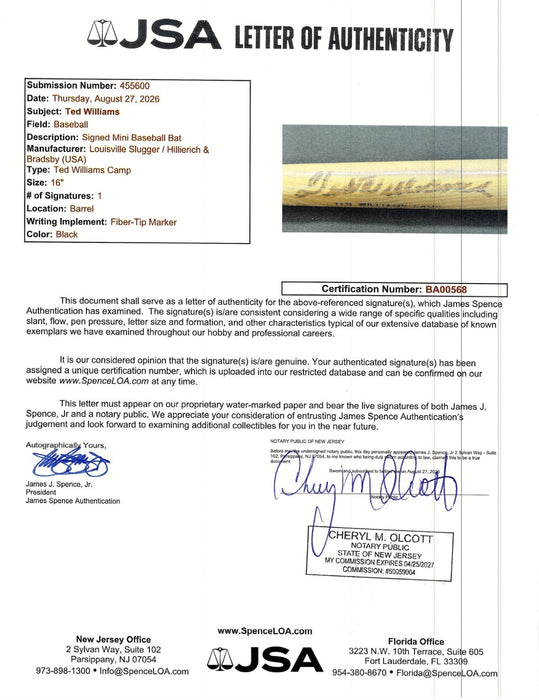 Ted Williams Signed Vintage Mini Louisville Slugger Baseball Bat JSA COA