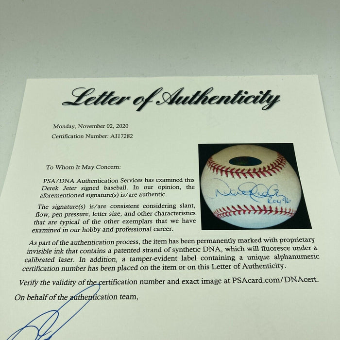 Derek Jeter Rookie Of The Year 1996 Signed Inscribed Baseball PSA DNA COA