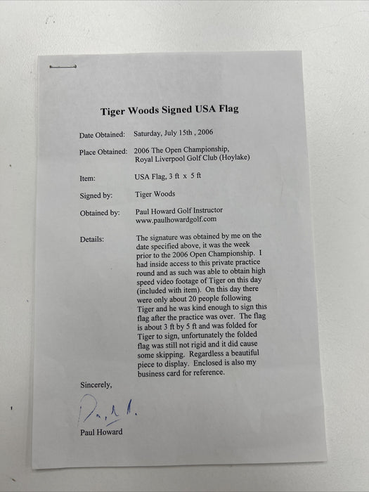 Tiger Woods Signed United States Flag From US Open Championship Game Beckett COA