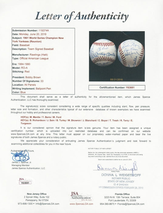 1961 New York Yankees World Series Champs Team Signed Baseball Mickey Mantle JSA