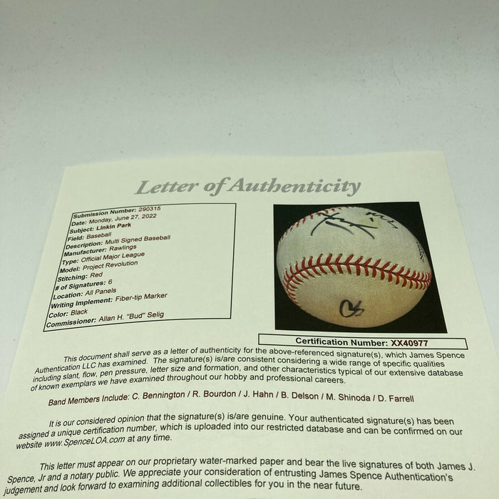Linkin Park Band Signed Baseball 6 Signatures With Chester Bennington JSA COA