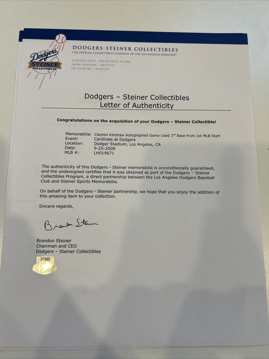 Historic Clayton Kershaw MLB Debut Signed Inscribed Game Used Base Steiner COA