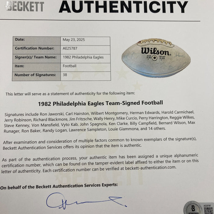 1982 Philadelphia Eagles Team Signed Wilson NFL Football Beckett COA