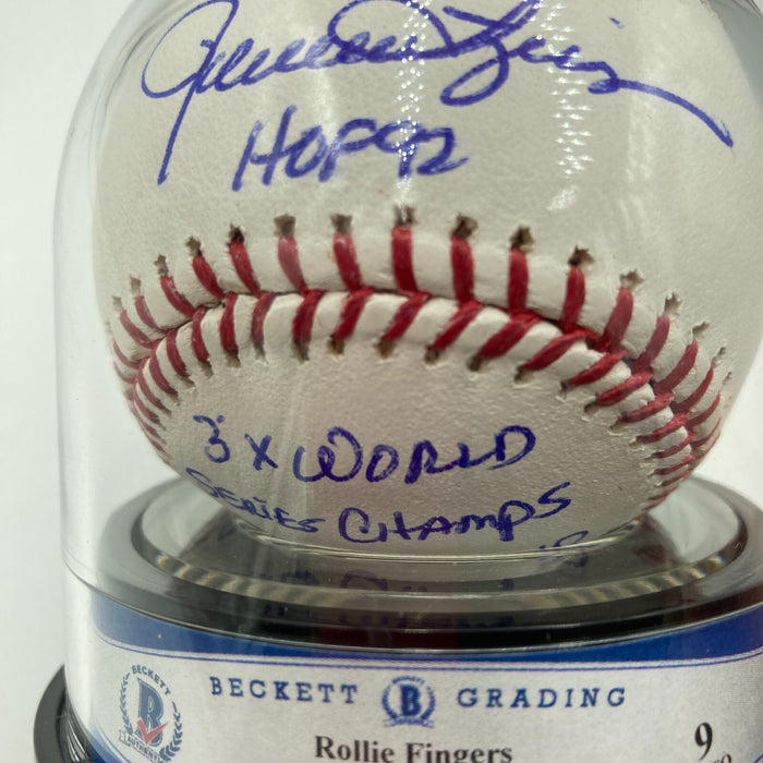Rollie Fingers Signed Inscribed STAT Baseball Beckett BGS Graded MINT 9