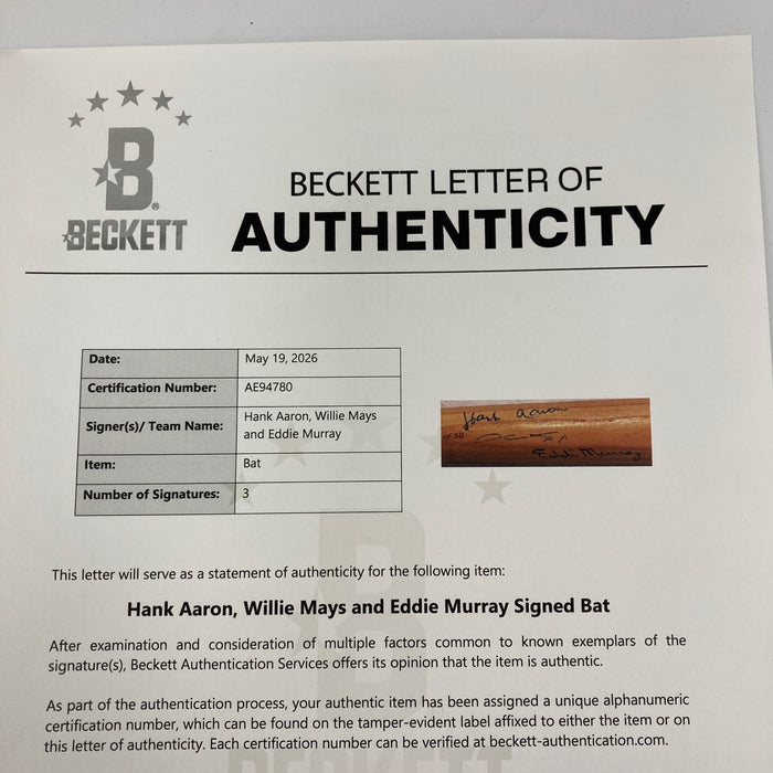 Willie Mays, Hank Aaron, Eddie Murray 3500 Club Signed Baseball Bat Beckett COA