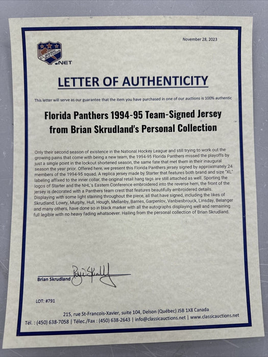 1994-95 Florida Panthers Team-Signed Authentic NHL Jersey Brian Skrudland LOA