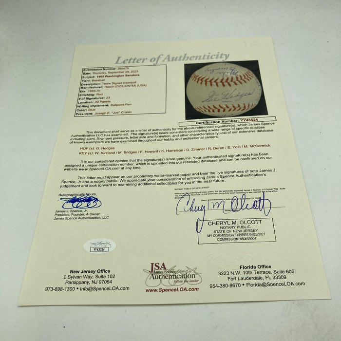 Gil Hodges Sweet Spot 1965 Washington Senators Team Signed Baseball JSA COA