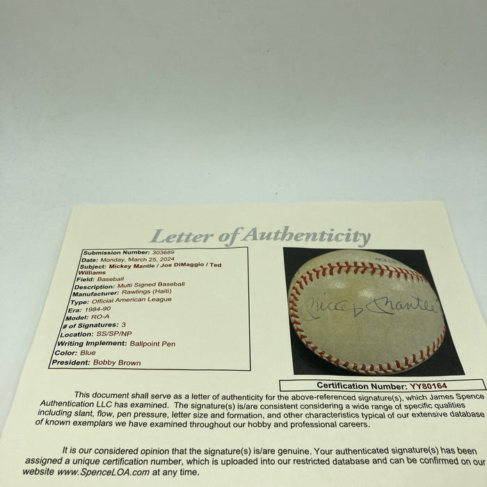 Mickey Mantle Joe Dimaggio Ted Williams Signed American League Baseball JSA COA
