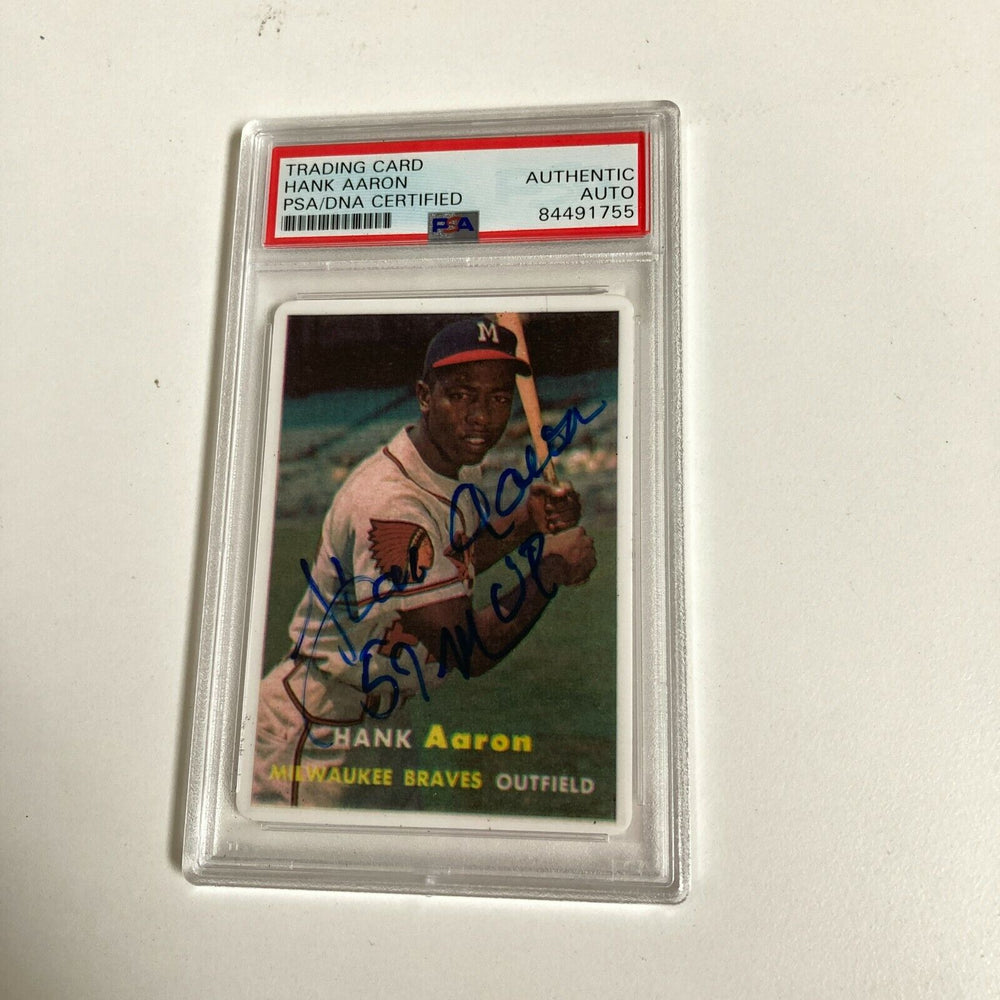 1957 Topps Hank Aaron "MVP" Signed Porcelain Baseball Card PSA DNA