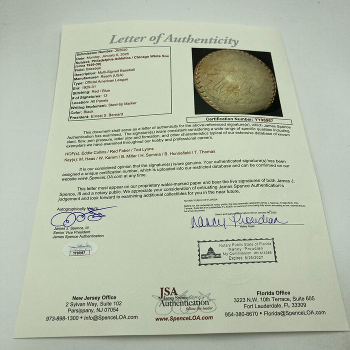 Eddie Collins Red Faber 1929 A's World Series Champs Signed Baseball JSA COA