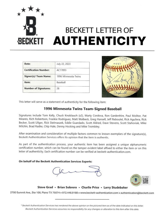 1996 Minnesota Twins Team Signed American League Baseball Beckett COA