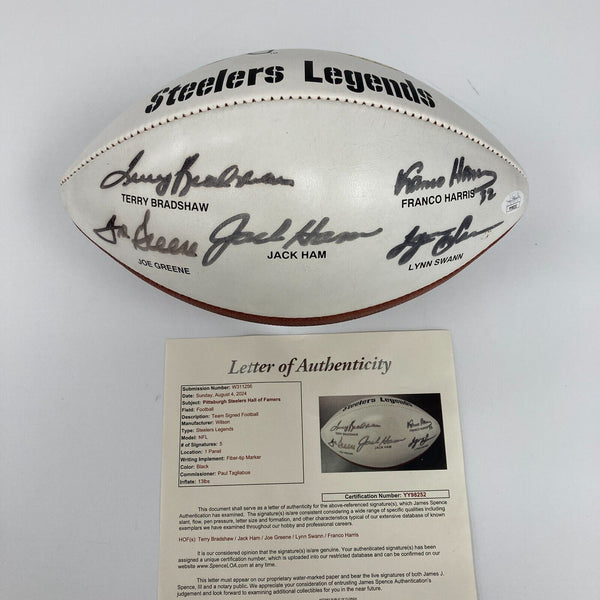 Franco Harris Terry Bradshaw Joe Greene Pittsburgh Steelers Signed Football JSA