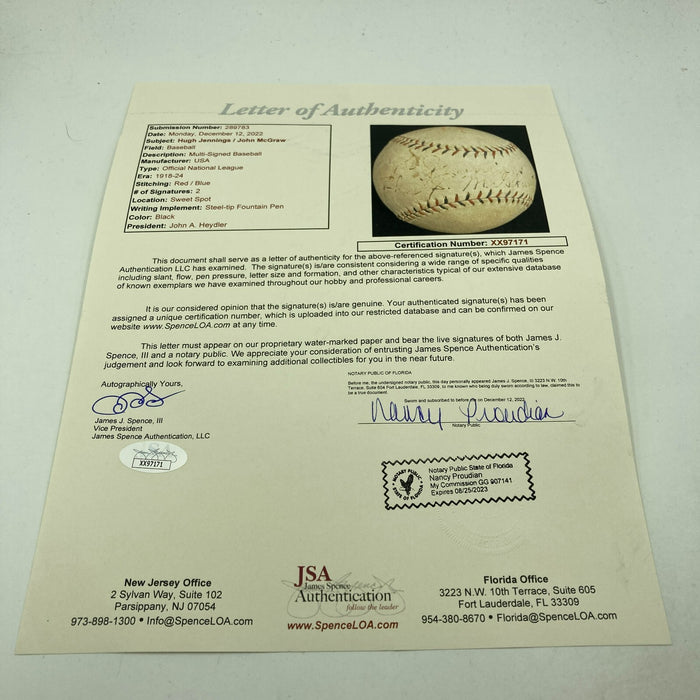 Historic Hughie Jennings & John McGraw Signed 1924 National League Baseball JSA
