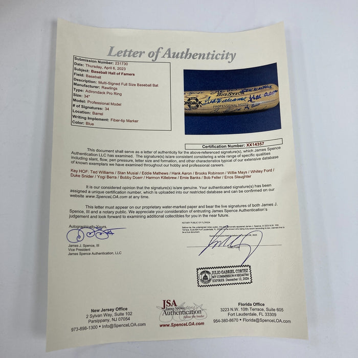 Beautiful Hall Of Fame Multi Signed Bat 34 Sigs Ted Williams Hank Aaron JSA COA