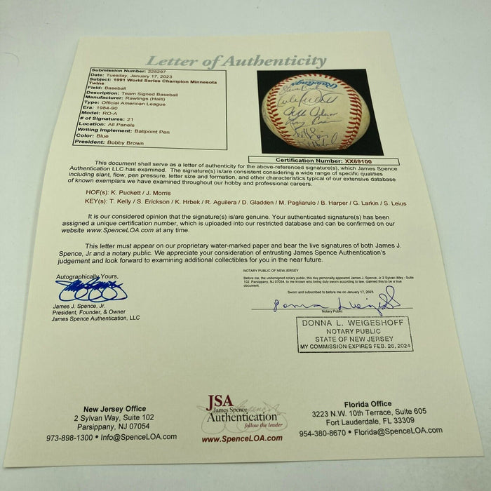 1991 Minnesota Twins World Series Champs Team Signed Baseball JSA COA