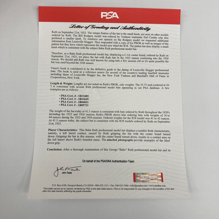 The Finest Babe Ruth 1925-1926 Game Used Bat PSA 9 & MEARS 10 COA