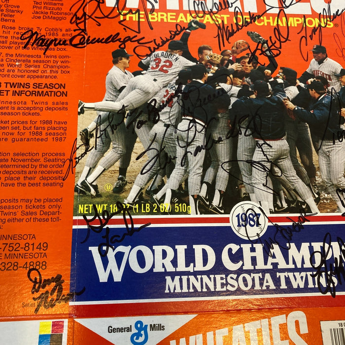 1987 Minnesota Twins World Series Champs Team Signed Wheaties Box With JSA COA