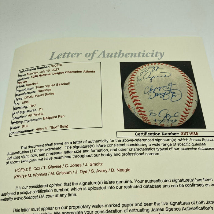 1996 Atlanta Braves NL Champs Team Signed Official World Series Baseball JSA COA
