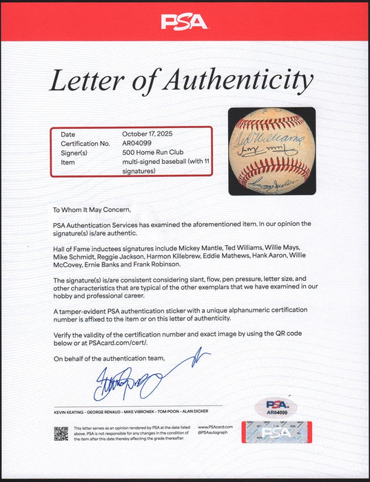 500 Home Run Signed Baseball Mickey Mantle Ted Williams Willie Mays 11 Sigs PSA