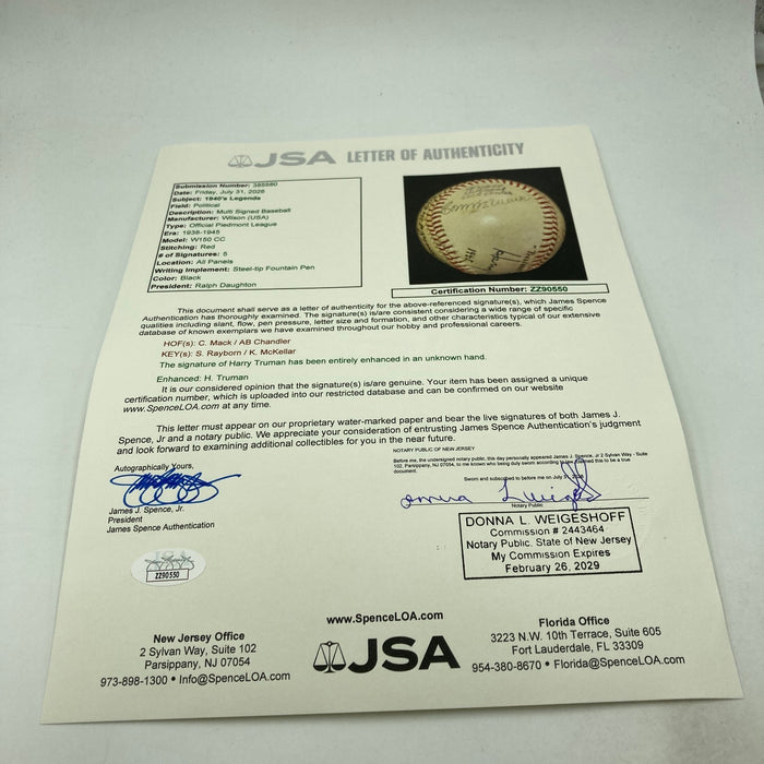 President Harry S. Truman Sweet Spot Signed 1945 Baseball JSA COA