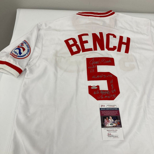 Johnny Bench Signed Inscribed Cincinnati Reds STAT Mitchell & Ness Jersey JSA
