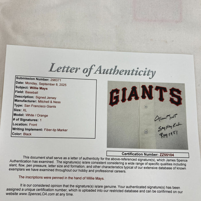 Willie Mays "Say Hey Kid, ROY 1951" Signed Inscribed Authentic Giants Jersey JSA