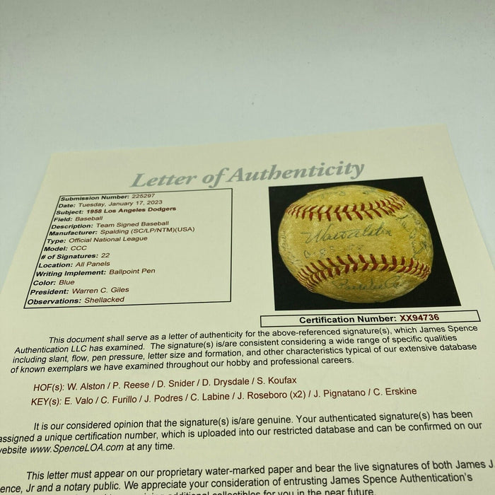 1958 Los Angeles Dodgers Team Signed National League Baseball Sandy Koufax JSA