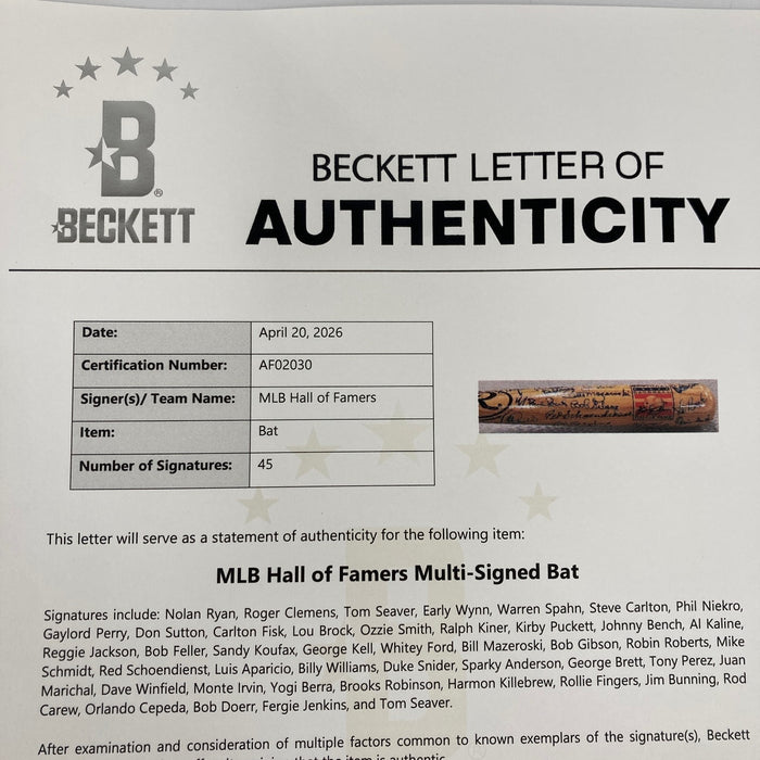 Beautiful Sandy Koufax Hall Of Fame Multi Signed Bat 45 Sigs Beckett COA