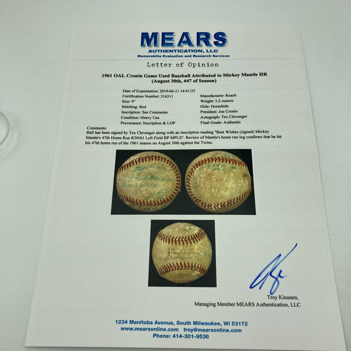 Mickey Mantle Signed Game Used 1961 47th Home Run Baseball PSA DNA & MEARS COA