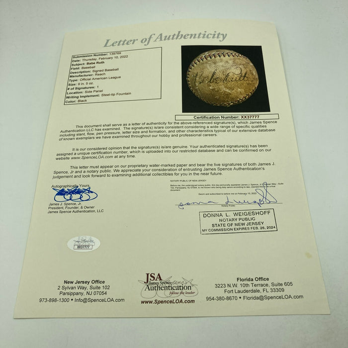 Babe Ruth Single Signed American League Baseball JSA & Beckett COA