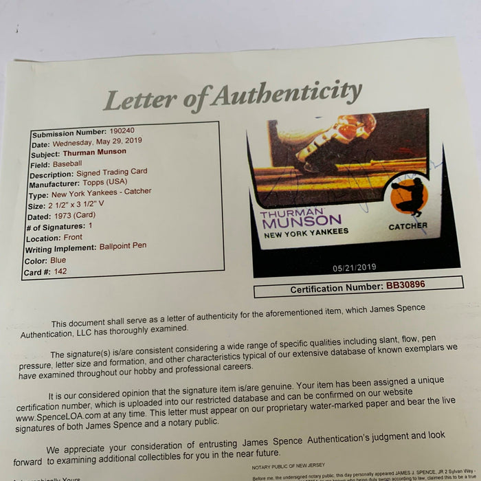 Thurman Munson Signed Autographed 1973 Topps Baseball Card With JSA COA Yankees