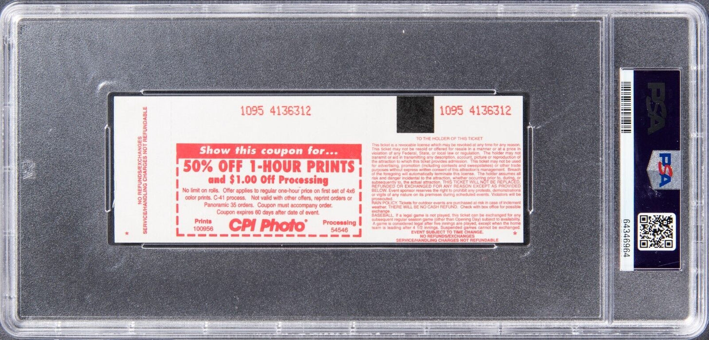 Michael Jordan Signed 72nd Win Full Ticket April 21, 1996 1/1 PSA 6 Auto 9 Pop 1
