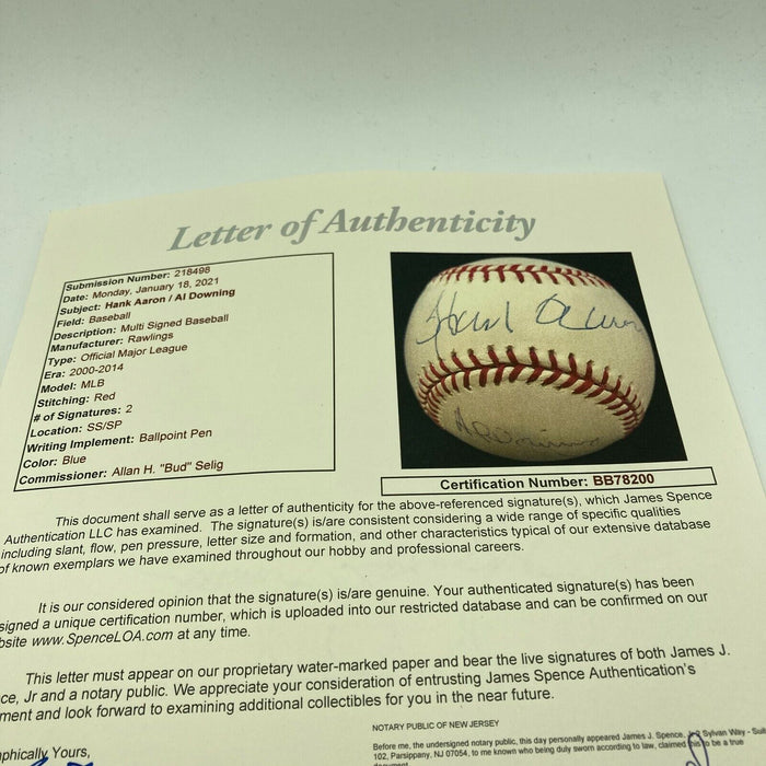 Hank Aaron & Al Downing Signed Major League Baseball JSA COA