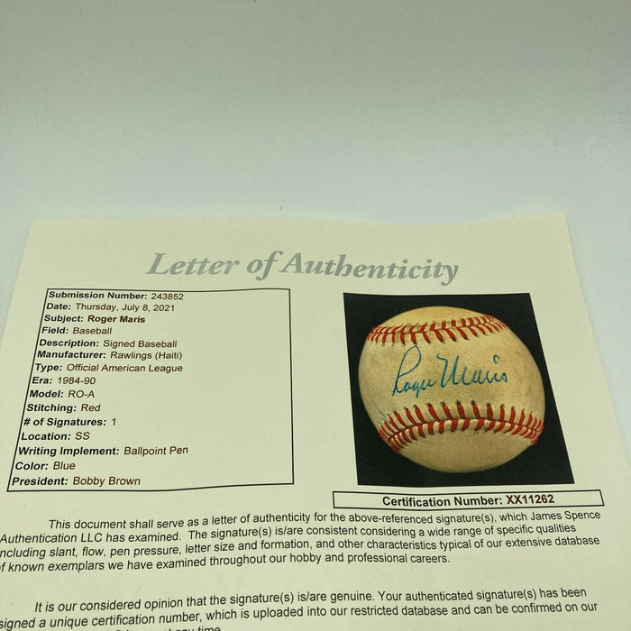 Beautiful Roger Maris Single Signed Official American League Baseball JSA COA