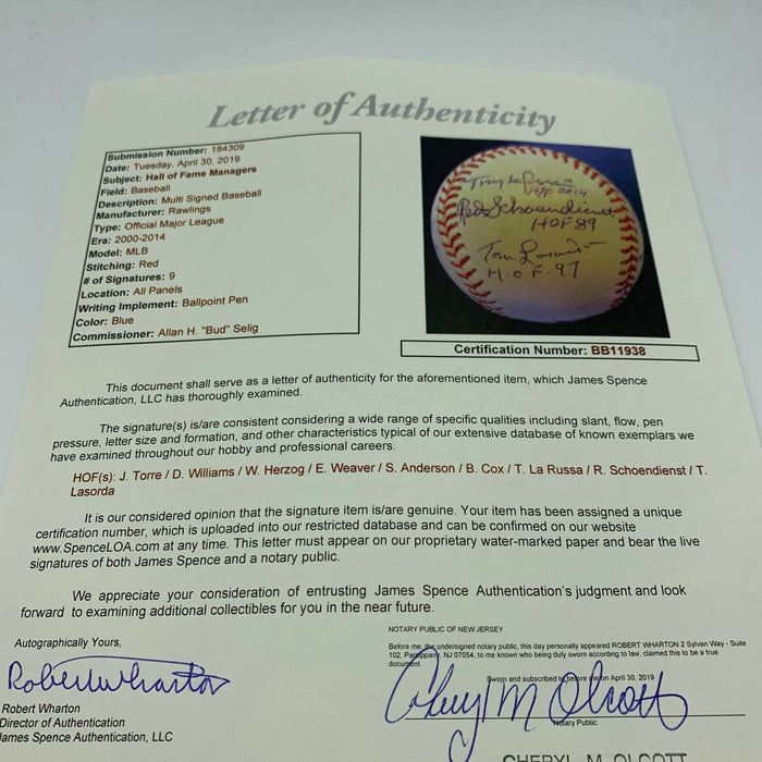 HOF Managers Sparky Anderson Torre Weaver Larussa Lasorda Signed Baseball JSA