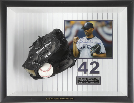 Mariano Rivera Signed Game Model Glove, Baseball & Photo Framed Display JSA COA