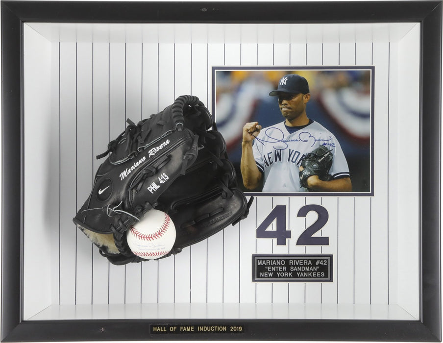 Mariano Rivera Signed Game Model Glove, Baseball & Photo Framed Display JSA COA