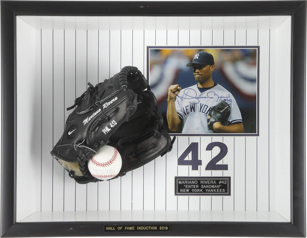 Mariano Rivera Signed Game Model Glove, Baseball & Photo Framed Display JSA COA